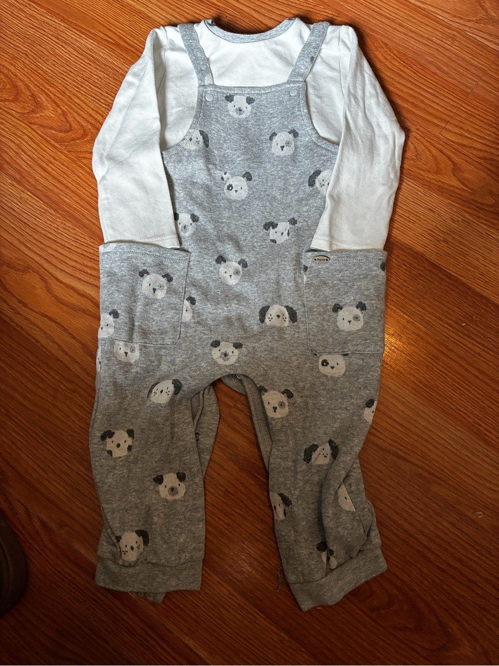 Mayoral Grey Puppy Print One-Piece Overalls with White Shirt.
